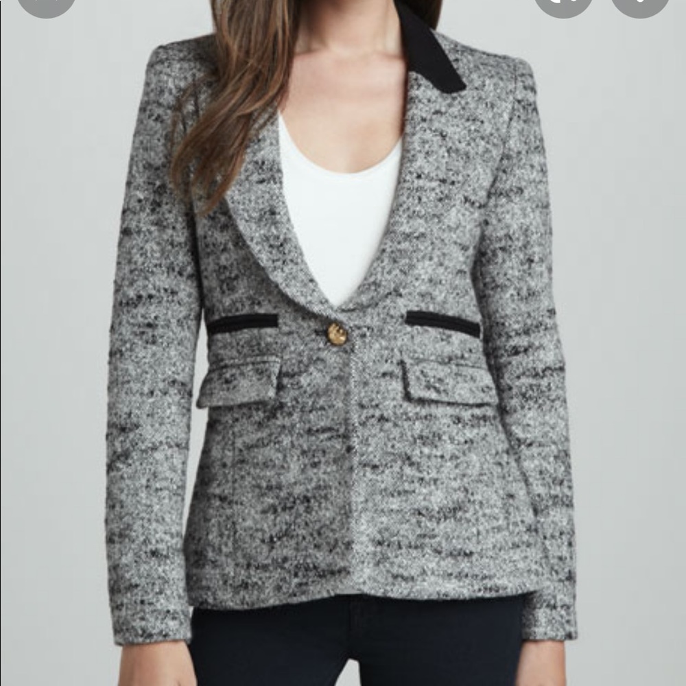 Smythe Contrast Collar Tweed Fitted Wool Blazer Grey and Black size 4